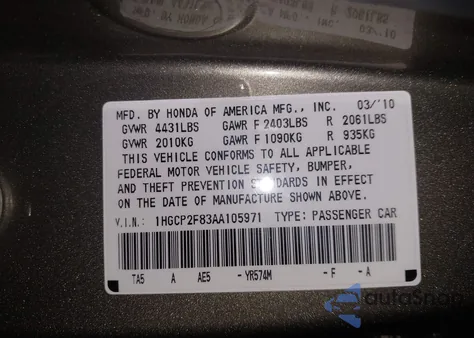 2010 Honda Accord 2.4 Ex-L from USA, damaged, VIN 1HGCP2F83AA105971